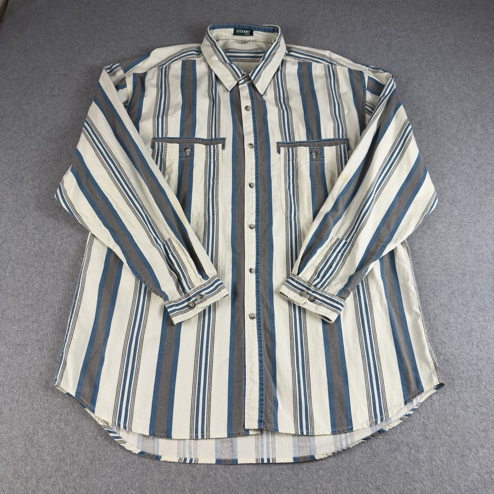 Vintage Stefano Man XL Striped Cotton Button Up Shirt Blue Beige Made India